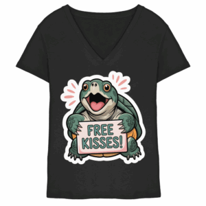 front-ladies-v-neck-shirt-black-251-01c9-1000x.png Schnappschildkröte 'Free Kisses!' - Ladies V-Neck Shirt