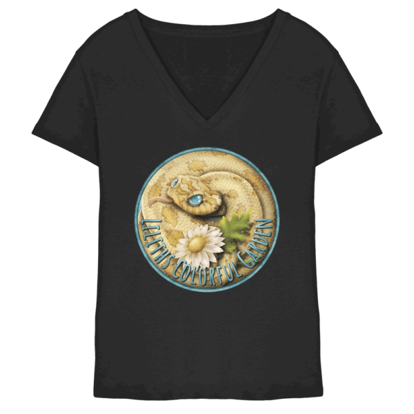front-ladies-v-neck-shirt-black-251-e872-1000x.png Liliths Colorful Garden Logo 'Yogi' - Ladies V-Neck Shirt