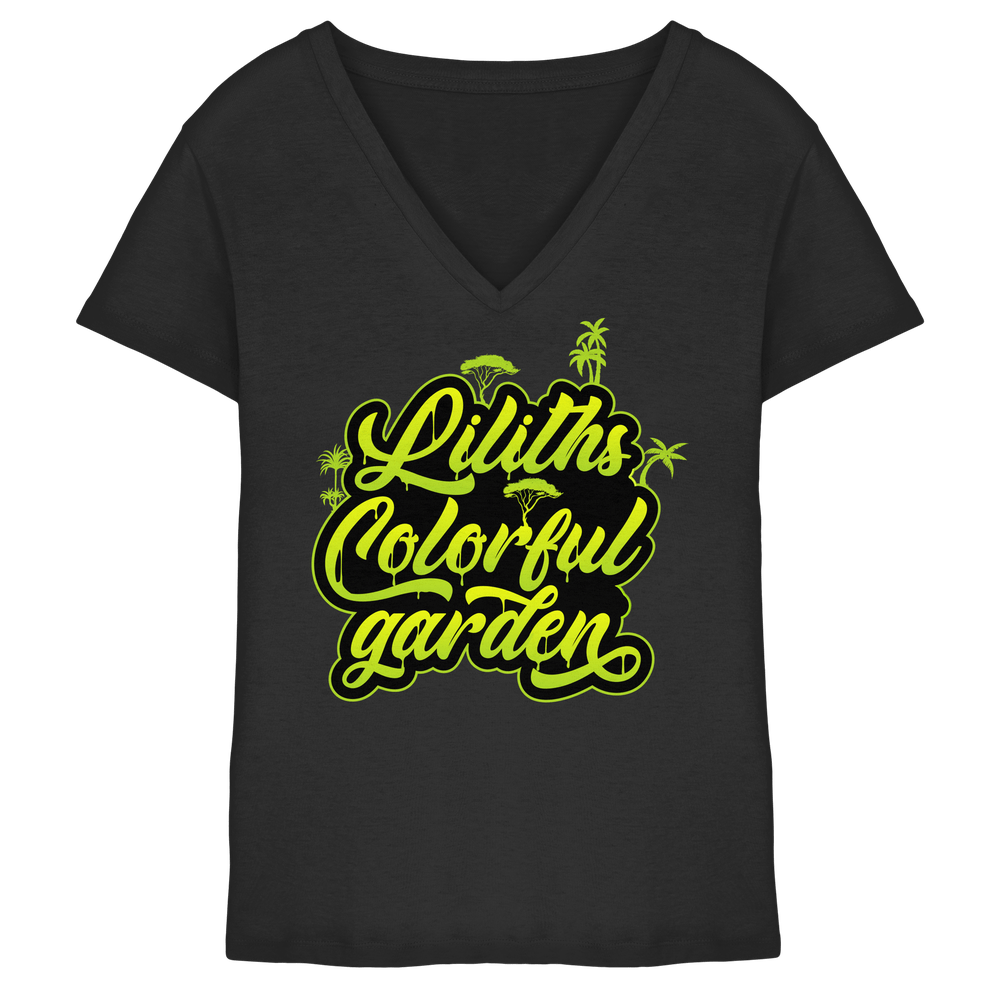 Liliths Colorful Garden Graffiti Logo – Ladies V-Neck Shirt