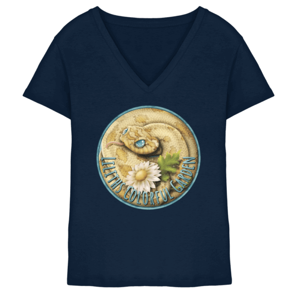 front-ladies-v-neck-shirt-navy-251-e872-1000x.png Liliths Colorful Garden Logo 'Yogi' - Ladies V-Neck Shirt