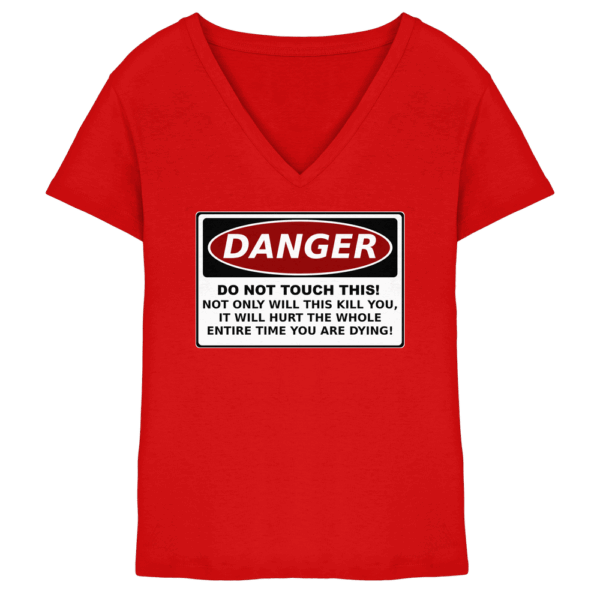 front-ladies-v-neck-shirt-red-251-83b0-1000x.png Warnschild: Danger! Do not touch this! - Ladies V-Neck Shirt