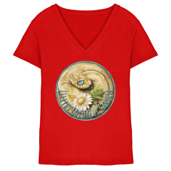 front-ladies-v-neck-shirt-red-251-e872-1000x.png Liliths Colorful Garden Logo 'Yogi' - Ladies V-Neck Shirt