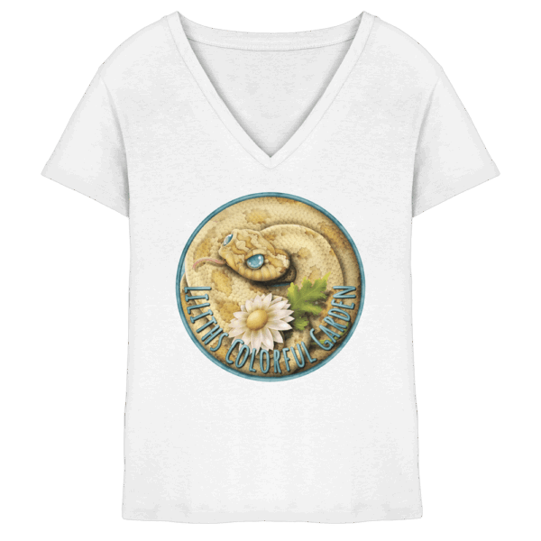 front-ladies-v-neck-shirt-white-251-e872-1000x.png Liliths Colorful Garden Logo 'Yogi' - Ladies V-Neck Shirt