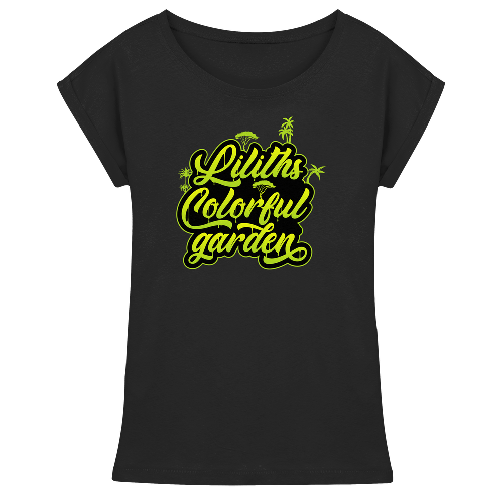 Liliths Colorful Garden Graffiti Logo – Womens Extended Shoulder T-Shirt
