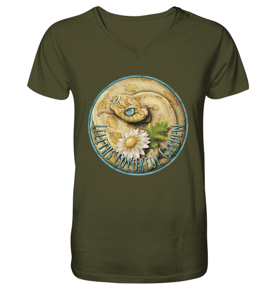 front-v-neck-shirt-4c4b30-558x-11.png Liliths Colorful Garden Logo 'Hakennasennatter' - Herren/Unisex V-Neck Shirt