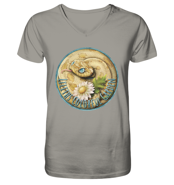 front-v-neck-shirt-9f9c95-558x-11.png Liliths Colorful Garden Logo 'Hakennasennatter' - Herren/Unisex V-Neck Shirt