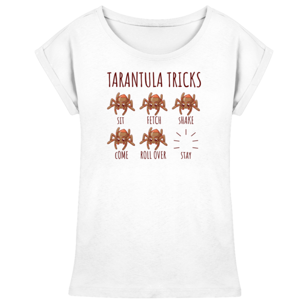 front-womens-extended-shoulder-t-shirt-white-199-cbe6-1000x.png Vogelspinnen Tricks - Sitz, Platz, bleib! - Damen Extended Shoulder T-Shirt